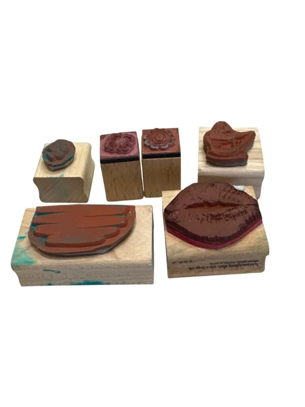 Set Of 6 Stampin Up! Other Rubber Stamps Flower Lips Watering Can Abstract Wood
